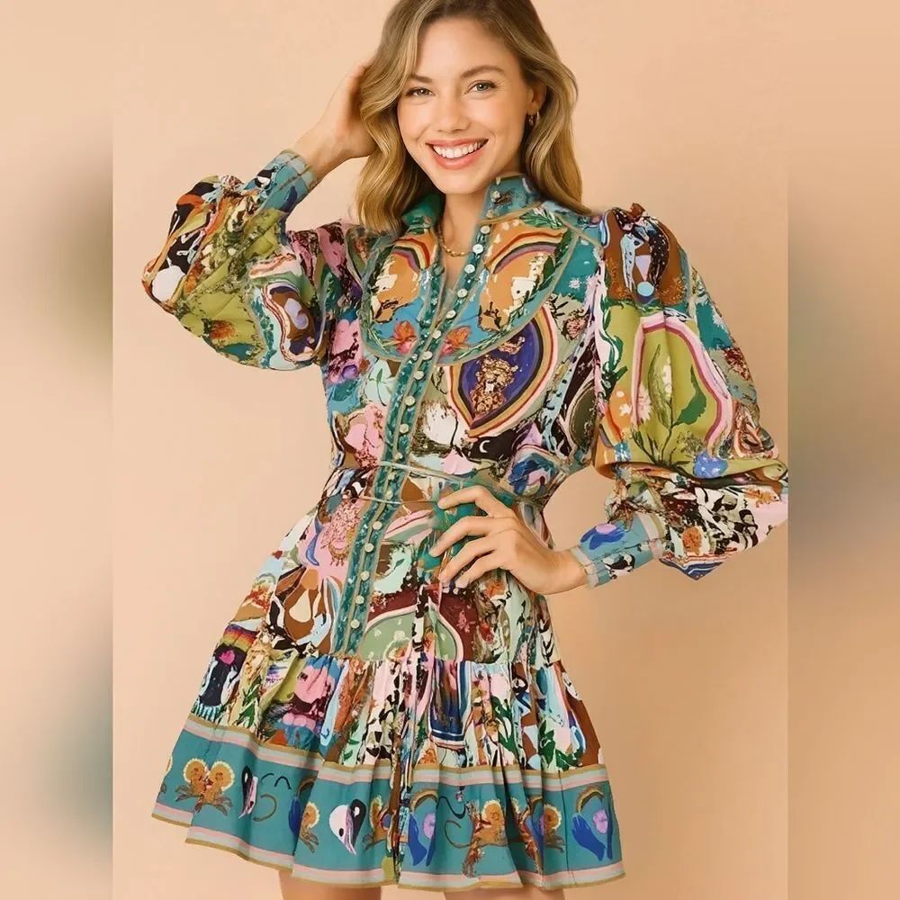 Fun Cute Long Sleeve Mini Shirt Dress with Colorful Graphic Print Az S M L XL 2X